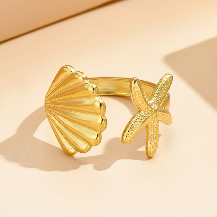 Anillo Dorado Ajustable de Concha y Estrella de Mar para Mujer