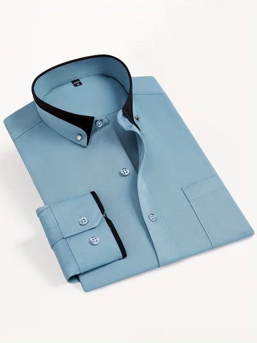 Camisa de hombre de color azul claro con cuello negro, manga larga, botones, estilo casual
