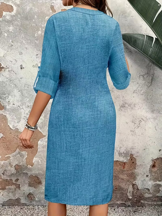 Vestido Elegante para Mujer de Oficina a Fiesta - Manga Larga con Cuello en V y Botones