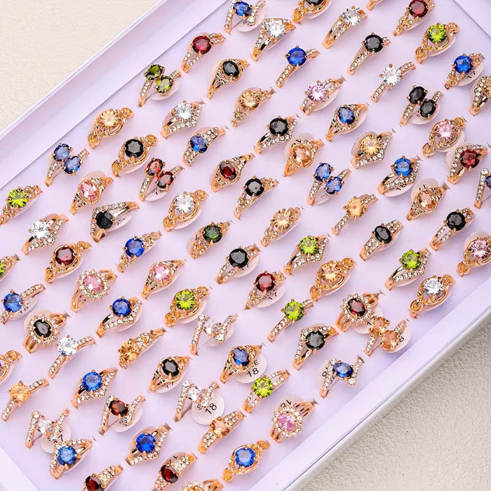 12 piezas de anillos de lujo para mujer de aleación con incrustaciones de vidrio de colores aleatorios