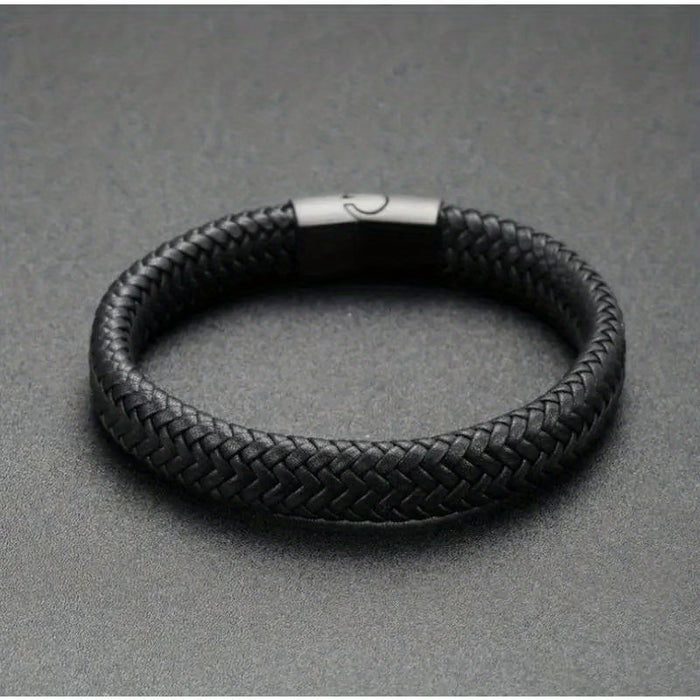 Pulsera de cuero genuino con cadena de acero inoxidable de moda, tejida de manera simple y vintage
