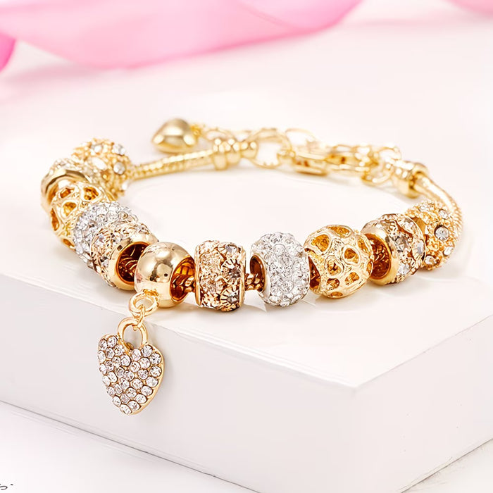 1pc Pulsera Elegante de Tono Dorado con Cuentas de Cristal y Colgante de Corazón