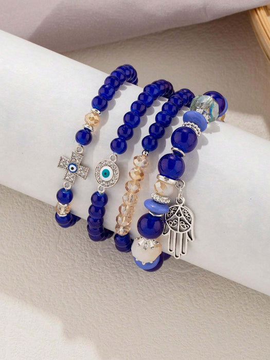 1 cadena de mano con cuentas de ojo azul y 4 colgantes de mano con cruz Hamsa. - Quierox - Tienda Online