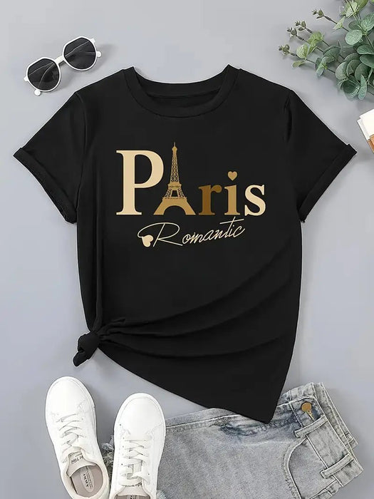 1 Camiseta Casual de Mujer con Estampado de la Torre Eiffel y Letras Románticas - Quierox - Tienda Online
