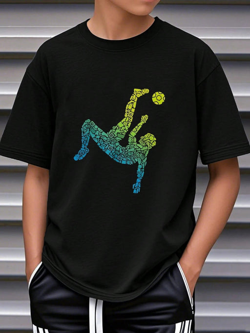 1 camiseta negra de manga corta con estampado de fútbol, adecuada para niños - Quierox - Tienda Online