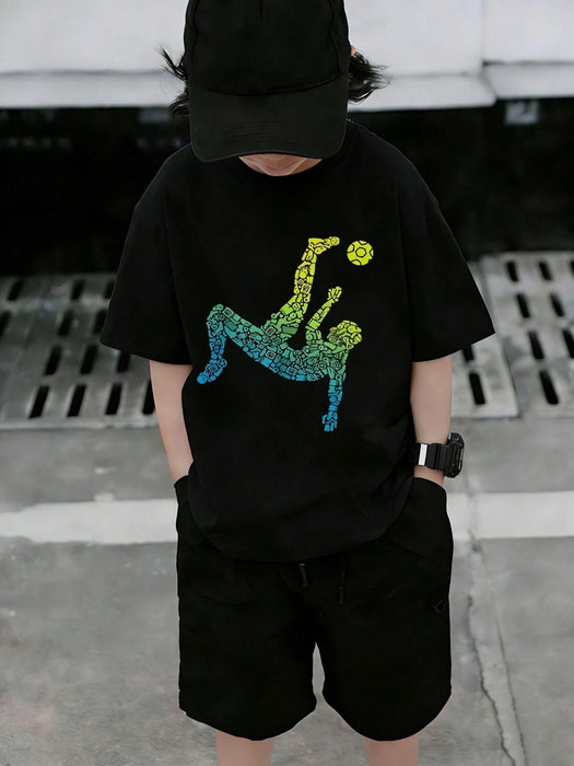 1 camiseta negra de manga corta con estampado de fútbol, adecuada para niños - Quierox - Tienda Online