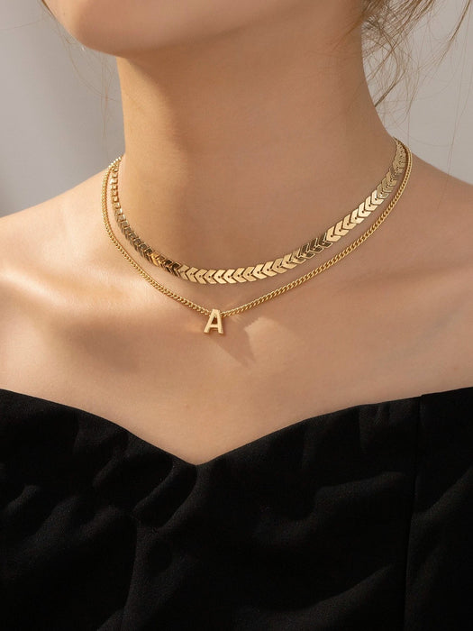 1 collar multicapa con colgante de alfabeto y cadena de espiga de metal a la moda - Quierox - Tienda Online