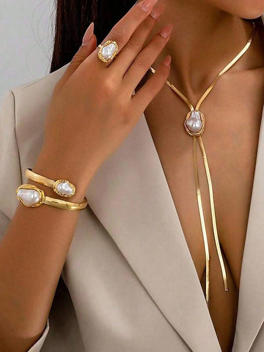 1 Conjunto de collar en Y con colgante de metal y perlas barrocas, estilo vintage - Quierox - Tienda Online