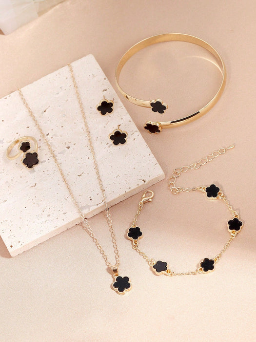 1 juego de pulsera, collar, pendientes, pulsera de cadena y anillo con dije de trébol. - Quierox - Tienda Online