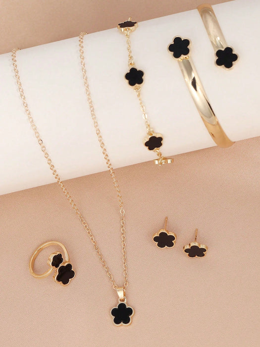 1 juego de pulsera, collar, pendientes, pulsera de cadena y anillo con dije de trébol. - Quierox - Tienda Online