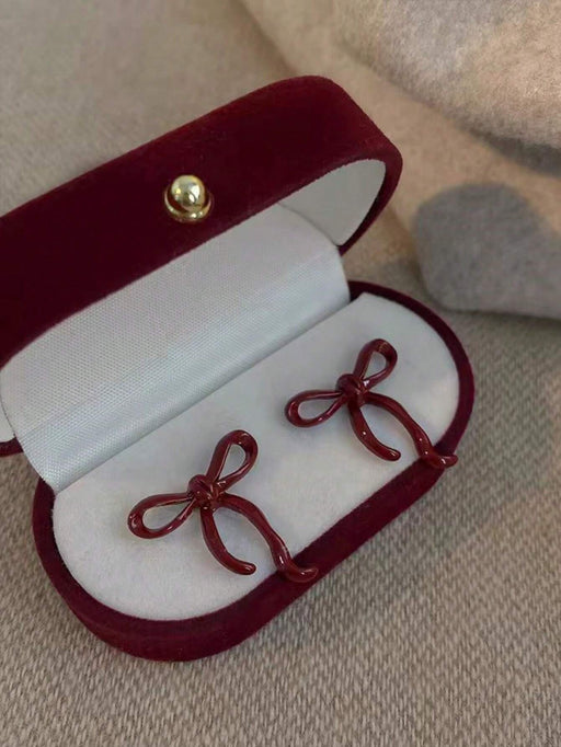 1 par de aretes con diseño de lazo, color borgoña para toda ocasion - Quierox - Tienda Online
