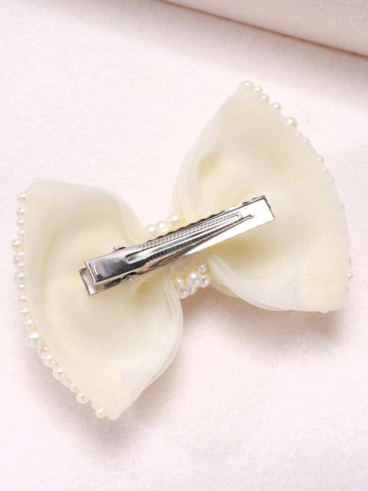 1 pieza Clip de pelo con flor de malla beige, accesorio de pelo con encaje y perlas falsas - Quierox - Tienda Online