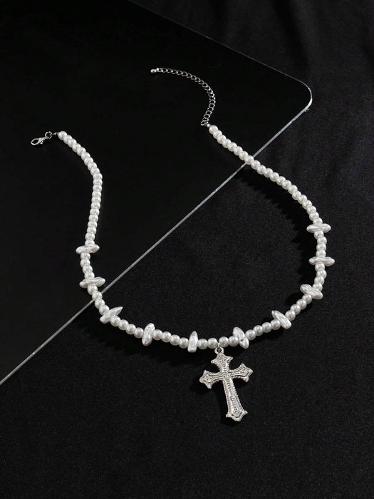 1 pieza Collar con colgante de cruz de estilo punk de moda con perla falsa, para hombres - Quierox - Tienda Online