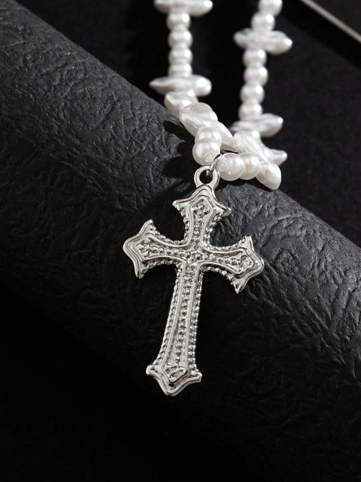 1 pieza Collar con colgante de cruz de estilo punk de moda con perla falsa, para hombres - Quierox - Tienda Online