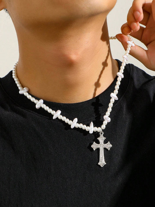 1 pieza Collar con colgante de cruz de estilo punk de moda con perla falsa, para hombres - Quierox - Tienda Online