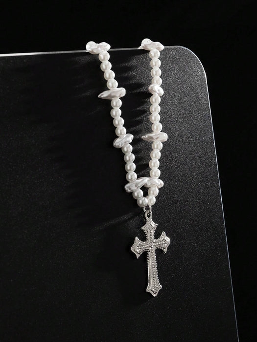 1 pieza Collar con colgante de cruz de estilo punk de moda con perla falsa, para hombres - Quierox - Tienda Online