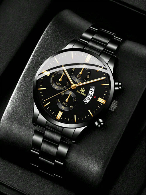 1 pieza Reloj de hombre correa de acero inoxidable negra, esfera redonda, reloj de cuarzo con fecha - Quierox - Tienda Online