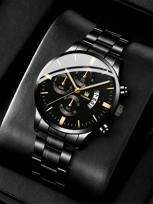 1 pieza Reloj de hombre correa de acero inoxidable negra, esfera redonda, reloj de cuarzo con fecha - Quierox - Tienda Online