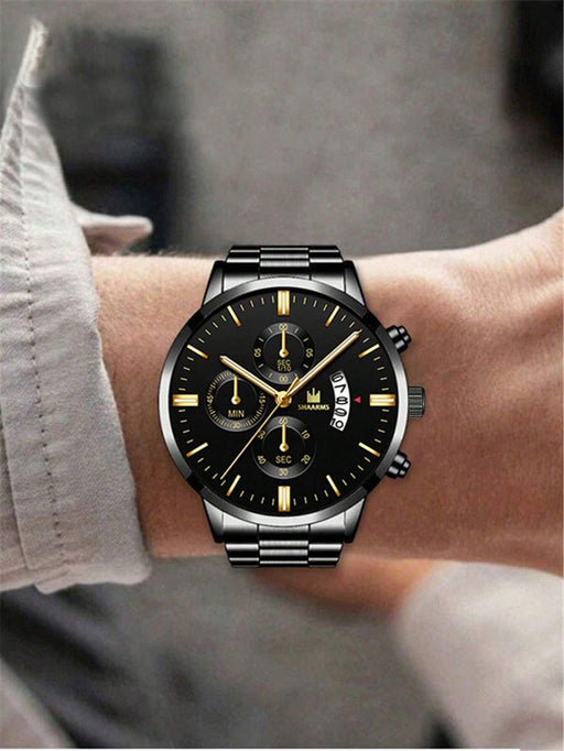 1 pieza Reloj de hombre correa de acero inoxidable negra, esfera redonda, reloj de cuarzo con fecha - Quierox - Tienda Online