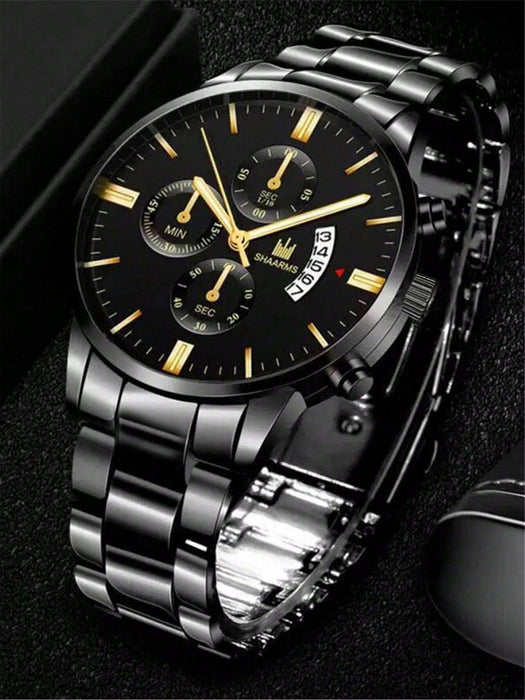 1 pieza Reloj de hombre correa de acero inoxidable negra, esfera redonda, reloj de cuarzo con fecha - Quierox - Tienda Online