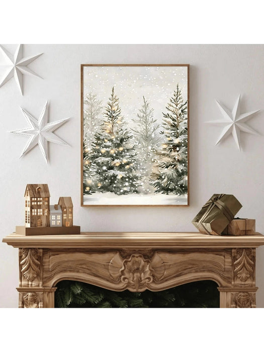 1 póster rústico navideño sin marco con diseño de pinos nevados, arte de pared para festivales - Quierox - Tienda Online