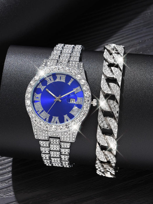 1 reloj de cuarzo con puntero redondo y fecha con diamantes de imitación y 1 pulsera - Quierox - Tienda Online