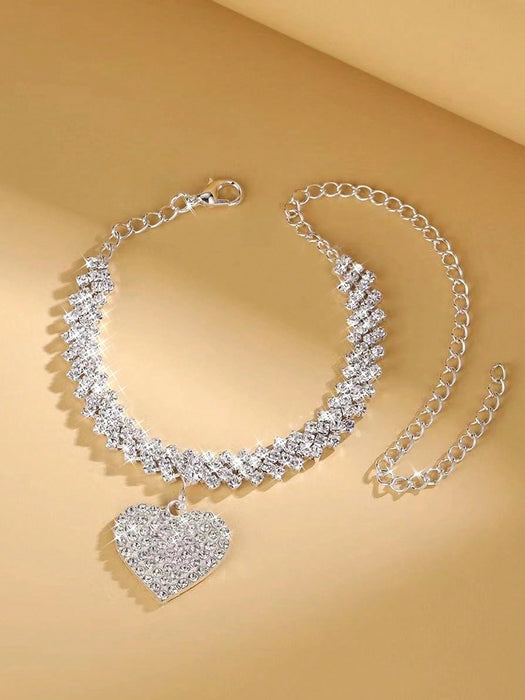 1 tobillera con cadena de rombo brillante y colgante de corazón de doble capa - Quierox - Tienda Online