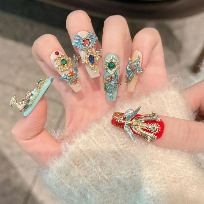 10 uñas postizas press on chinas retro hechas a mano con diseño de dragón y fénix coloridas con diamantes - Quierox - Tienda Online