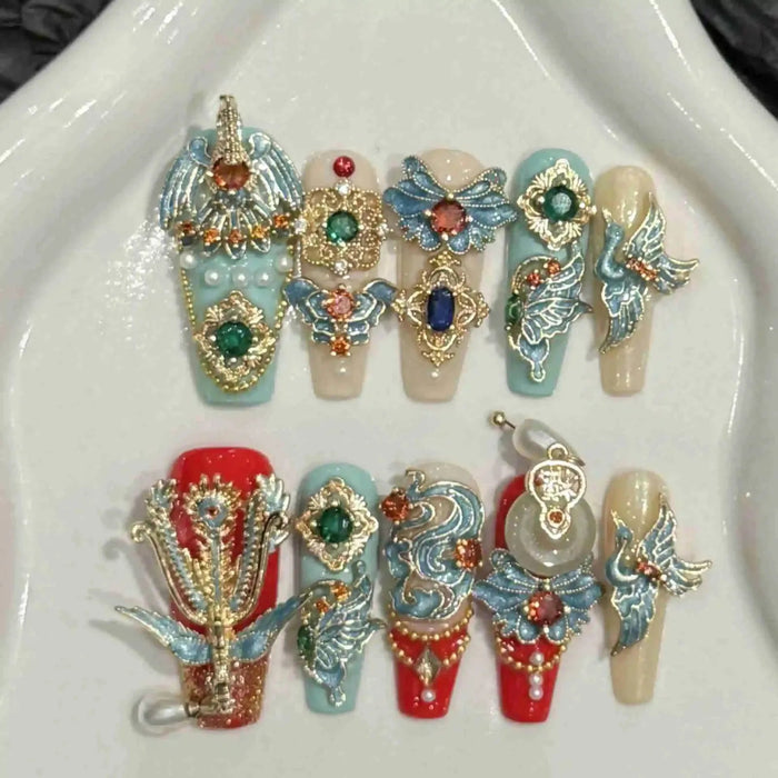 10 uñas postizas press on chinas retro hechas a mano con diseño de dragón y fénix coloridas con diamantes - Quierox - Tienda Online
