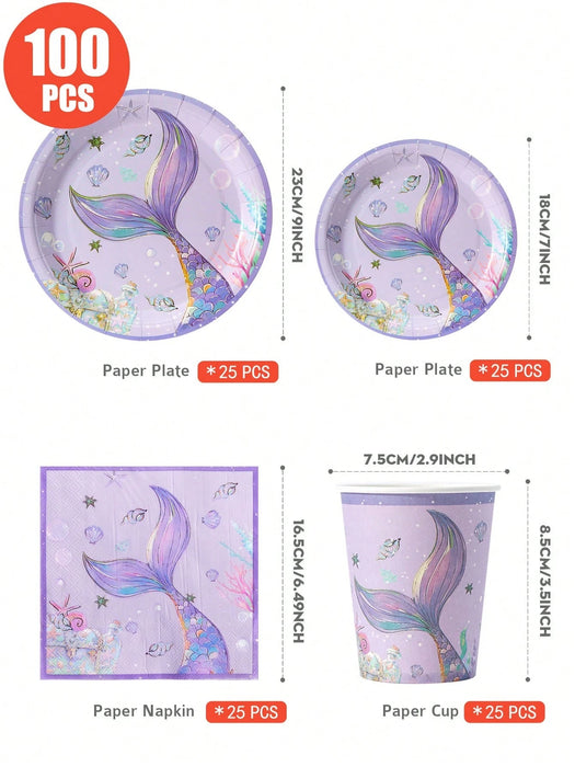 100pcs Juego de platos, servilletas y vasos desechables con tema de cola de pez