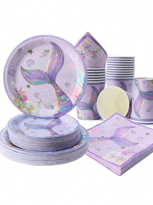 100pcs Juego de platos, servilletas y vasos desechables con tema de cola de pez