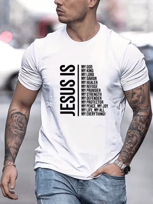 Camiseta de hombre casual de manga corta y cuello redondo con gráfico de texto "JESUS IS"
