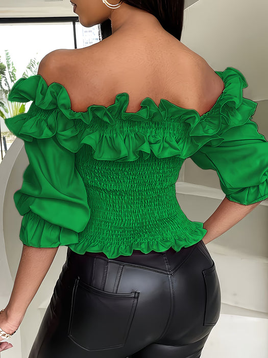 Blusa De Color Sólido Con Volantes, Hombros Descubiertos y mangas abullonadas