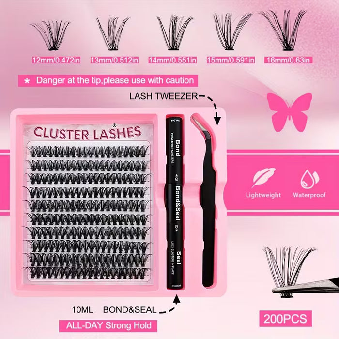 Kit de 200 Pestañas - Set de Extensión de Pestañas 3 en 1 , Volumen/Longitud 40D (10-18mm)