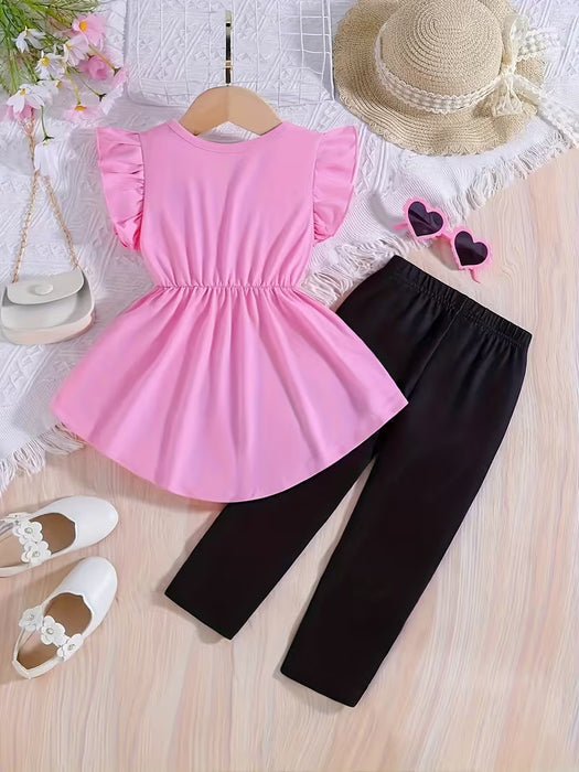 Conjunto de 2 piezas: Camiseta de cuello redondo con mangas con volantes y pantalones con estampado