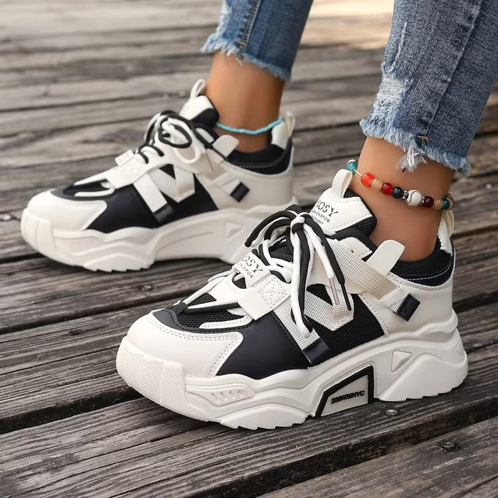 Zapatos deportivos transpirables de malla de suela gruesa para mujer
