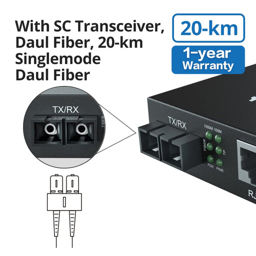 10Gtek Convertidor de Medios de Fibra Gigabit Monomodo a Ethernet - Quierox - Tienda Online