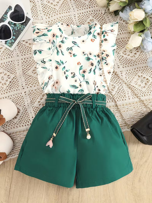 Conjunto de top casual con estampado de encaje, pantalones cortos holgados y cinturón para niña