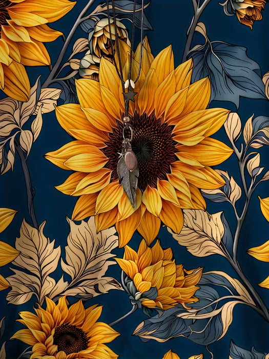 Camiseta Casual de Manga Corta con Cuello Redondo con Estampados de Girasoles