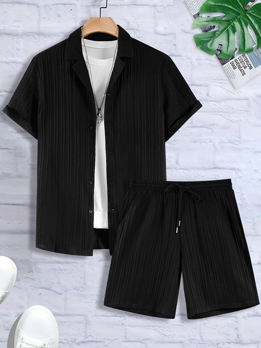 Conjunto de vacaciones casual para hombre, 2 piezas, con textura de rayas, tejido cómodo