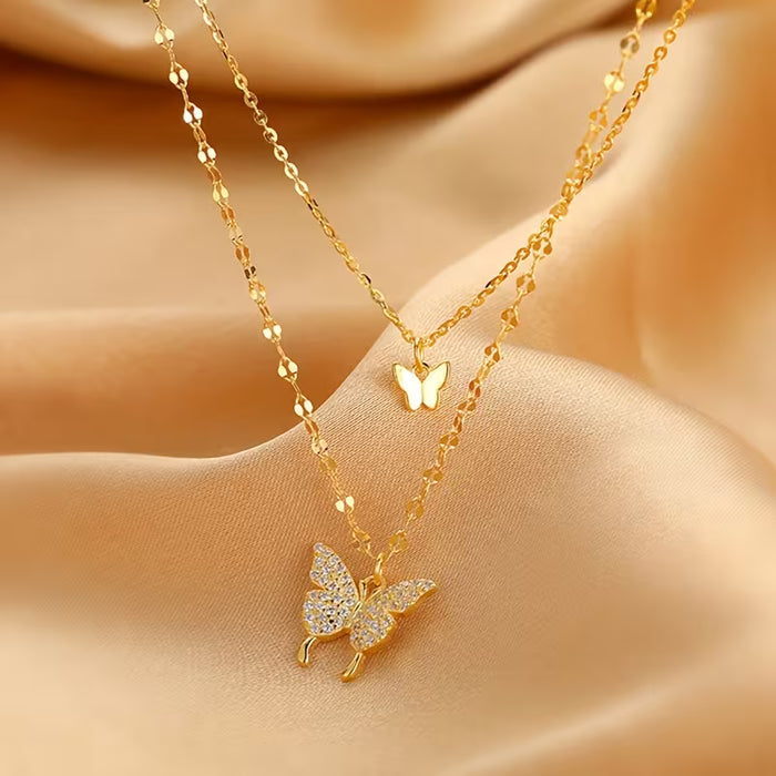 2 collares de mariposa de doble capa ~ Diamantes de imitación