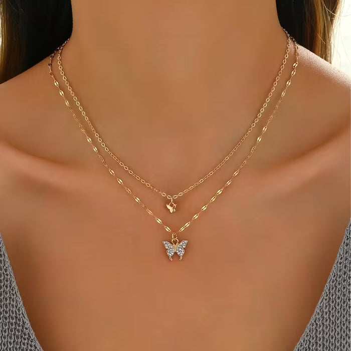 2 collares de mariposa de doble capa ~ Diamantes de imitación