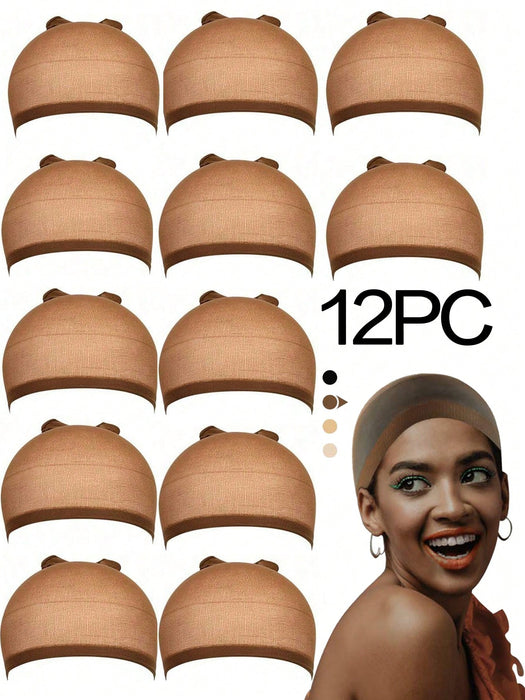 12pcs de gorros de peluca marrones para mujeres, de nailon elásticos de malla