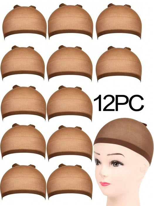 12pcs de gorros de peluca marrones para mujeres, de nailon elásticos de malla