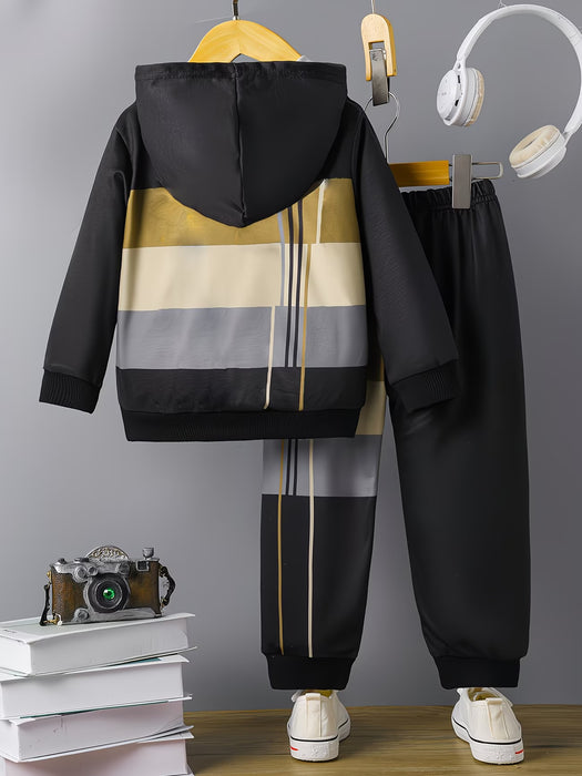 Conjunto casual de sudadera con capucha y pantalón deportivo para niño con estampado de rayas