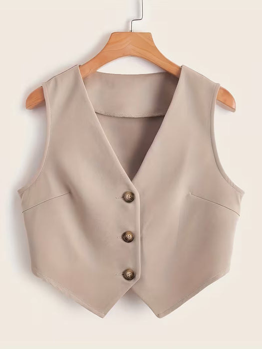 Button Front Sleeveless Vest, Elegante Chaleco De Trabajo De Cuello En V Sólido
