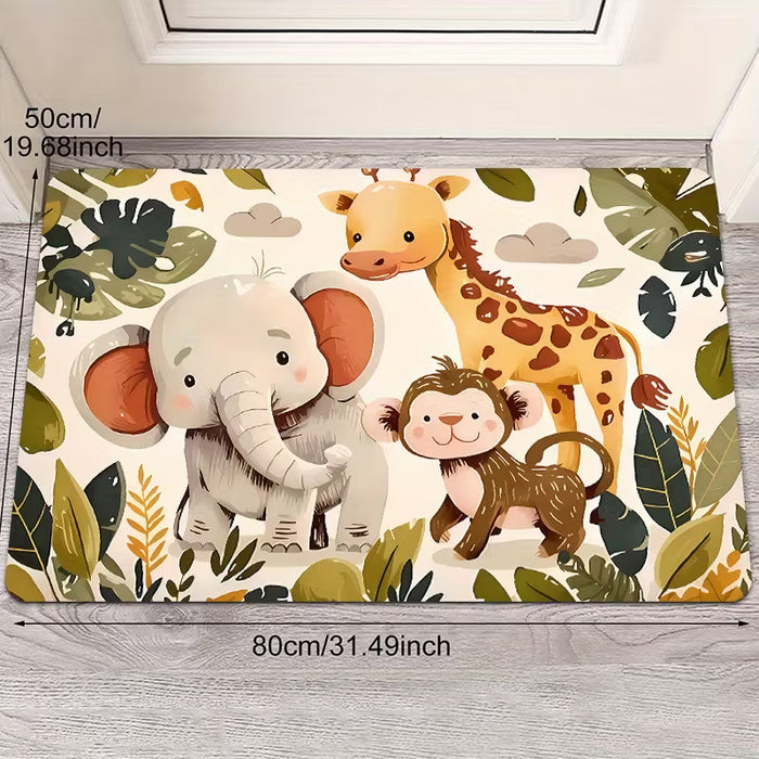 1pc Alfombra Infantil Estilo Jungla, Elefante, Jirafa, Mono con Estampados de Plantas Tropicales