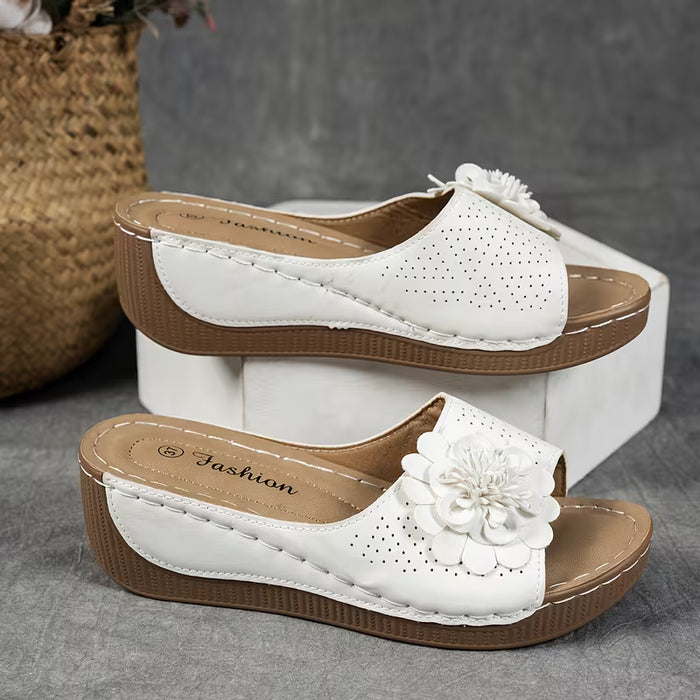 Zapatos de mujer de verano decoración floral, hechos a mano, con tacón de cuña
