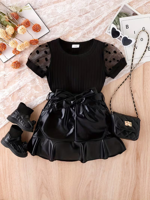 Estilo Picante de Verano para Niñas Top de Malla con Mangas de Lunares y Falda