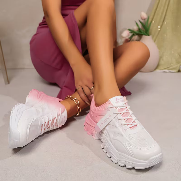 Zapatillas deportivas rosa de suela gruesa con plataforma y cordones para mujer